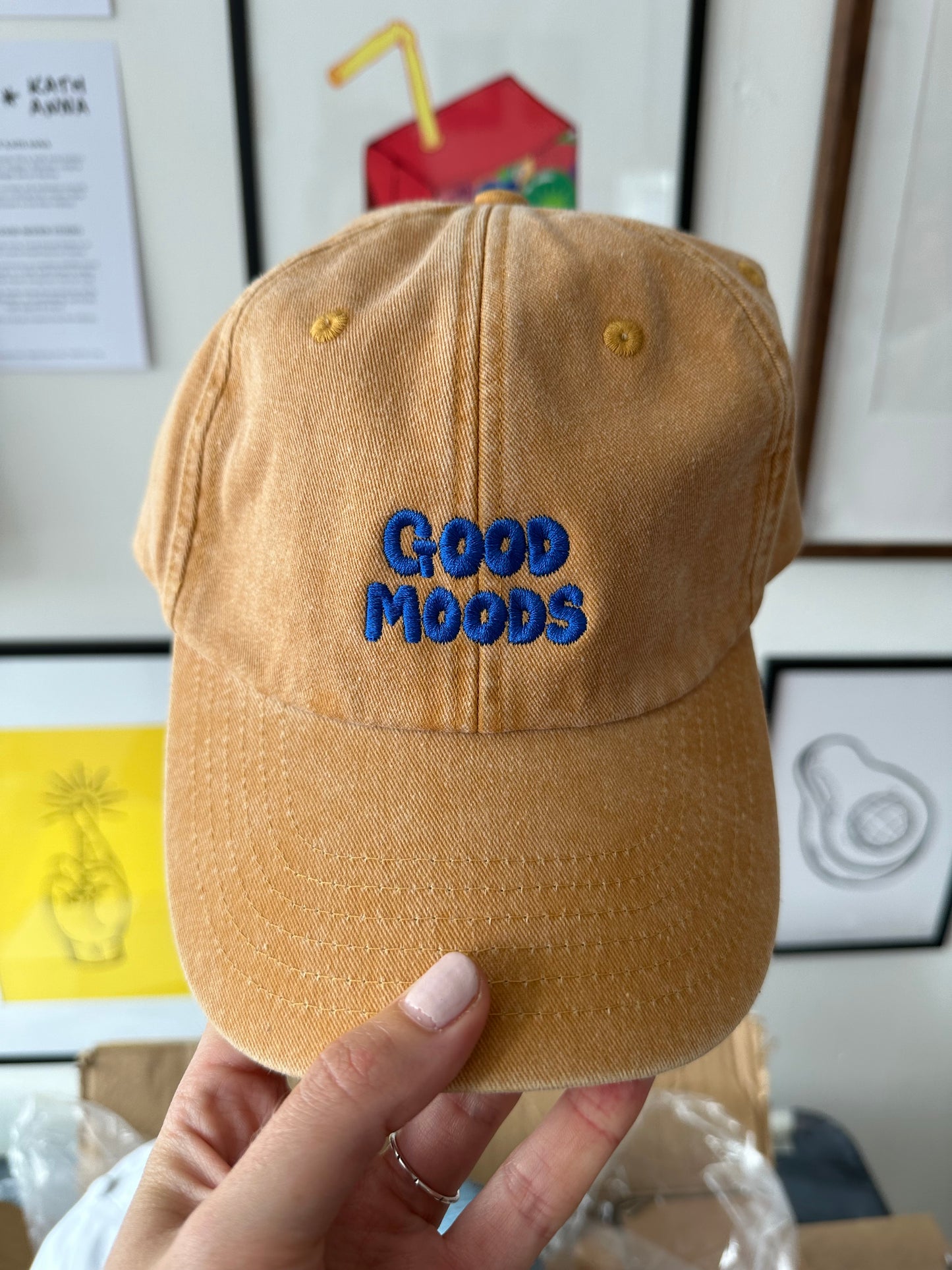 vintage cap // mustard (electric blue logo)